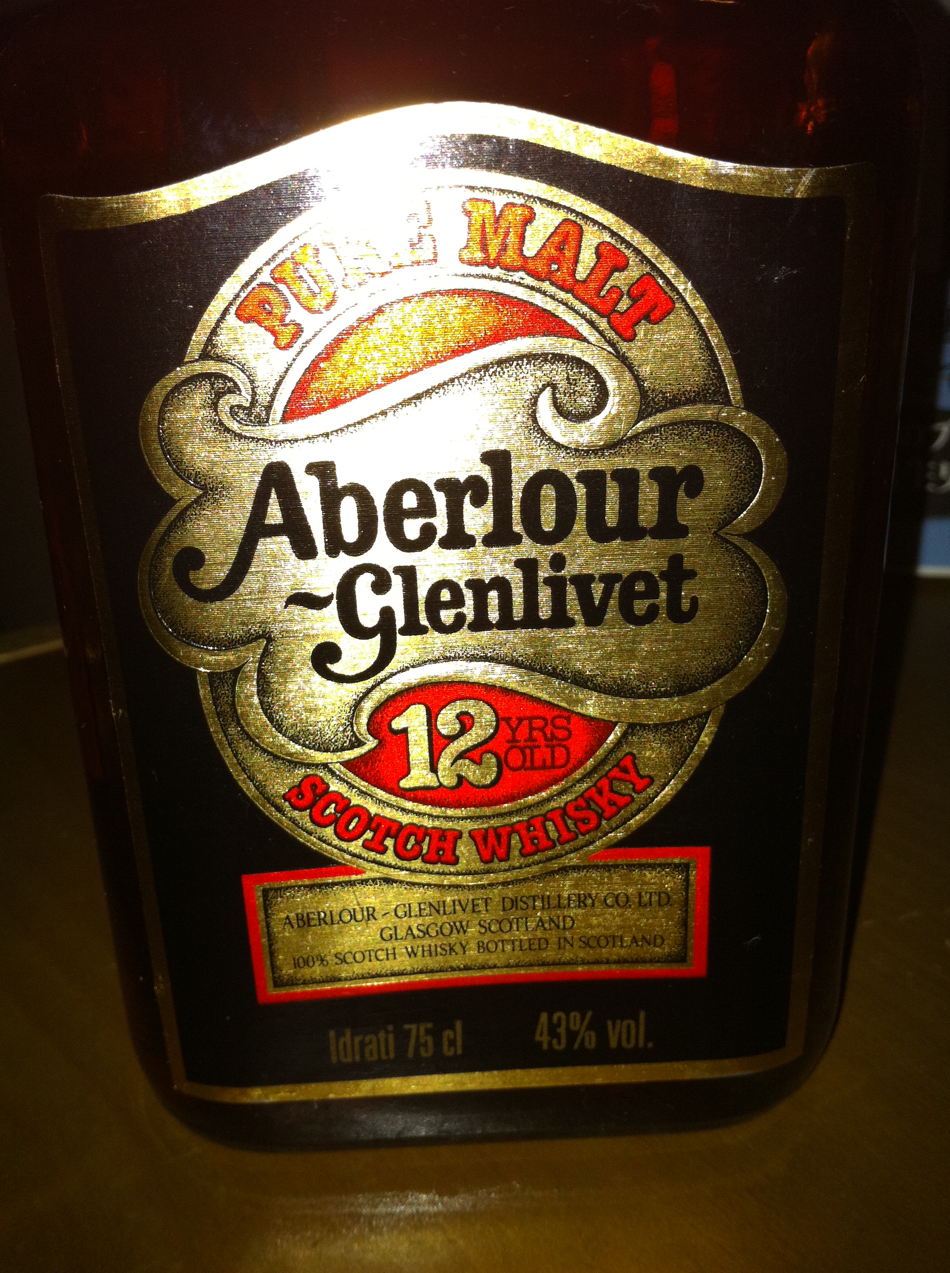 アベラワー　Aberlour-Glenlivet 12 yo (43%, OB, ‘pure malt’, square bottle, late1970’s)