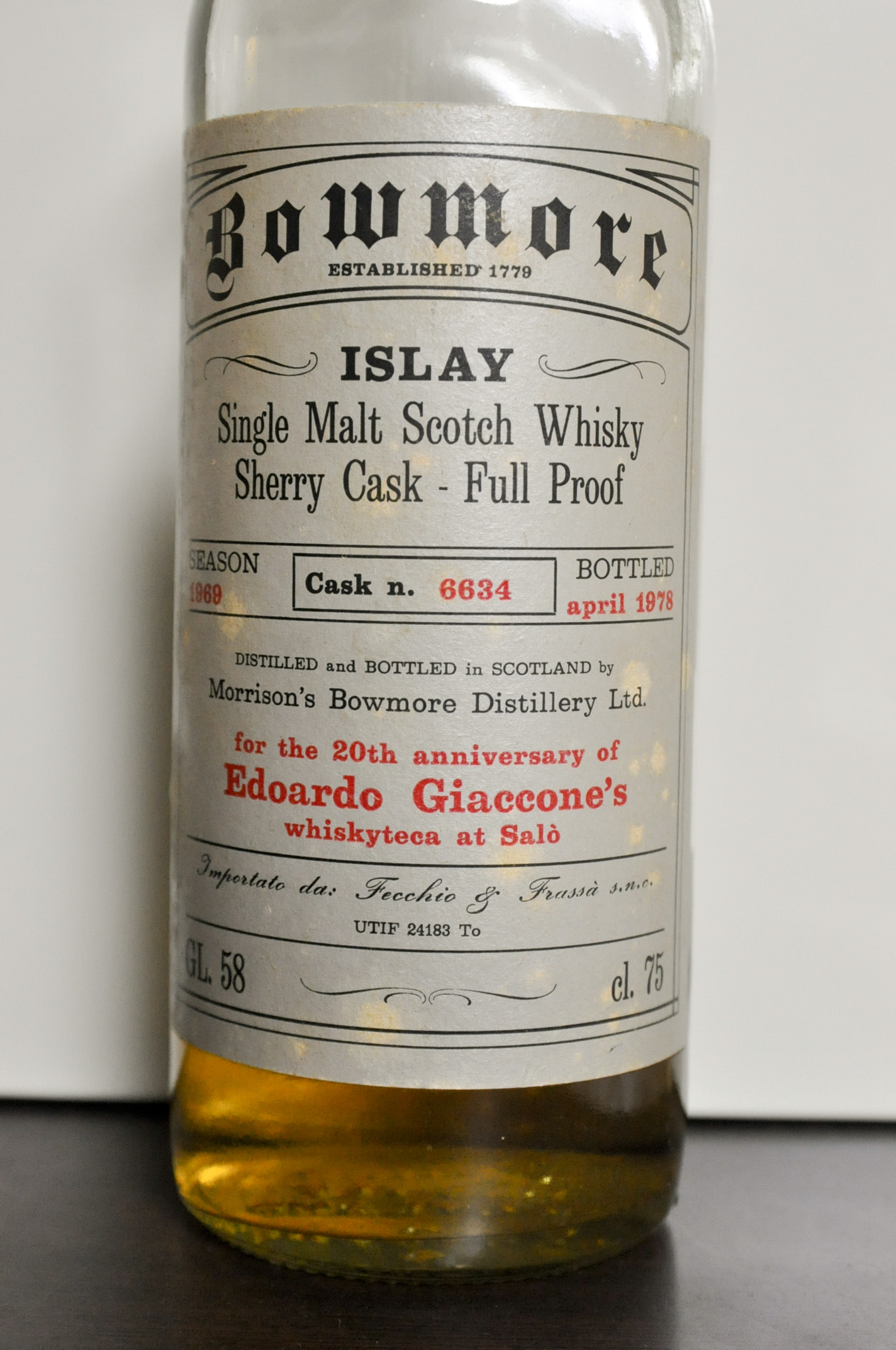 ボウモア　Bowmore 1969/1978 (58%, OB, C#6634 for Giaconne, Frechio & Frasa Import, 75cl)　ジャパンインポート表記