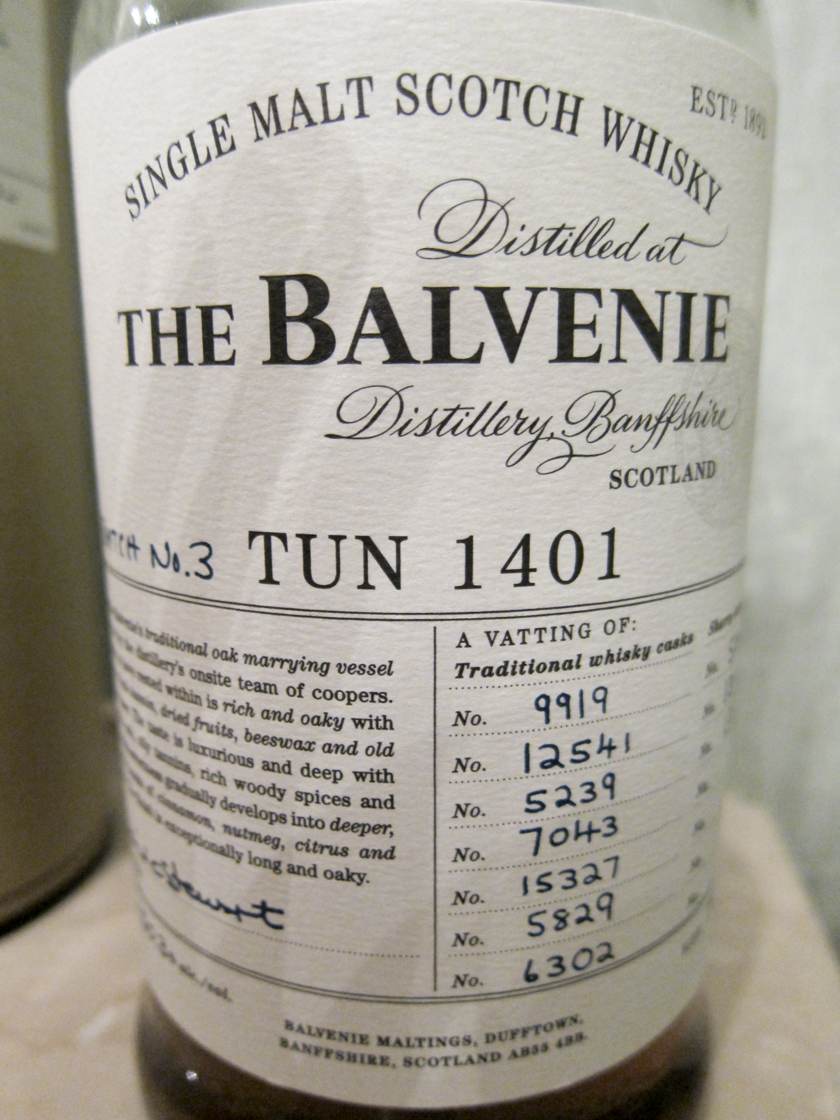 【BL/SC】バルヴェニー Balvenie ‘TUN1401′ (50.3%, OB, batch3, 750ml, Traditional Whisky Casks : C#9919, 12541, 5239, 7043, 15327,6302, Sherry Butts : C#5182, 13137, 13836)